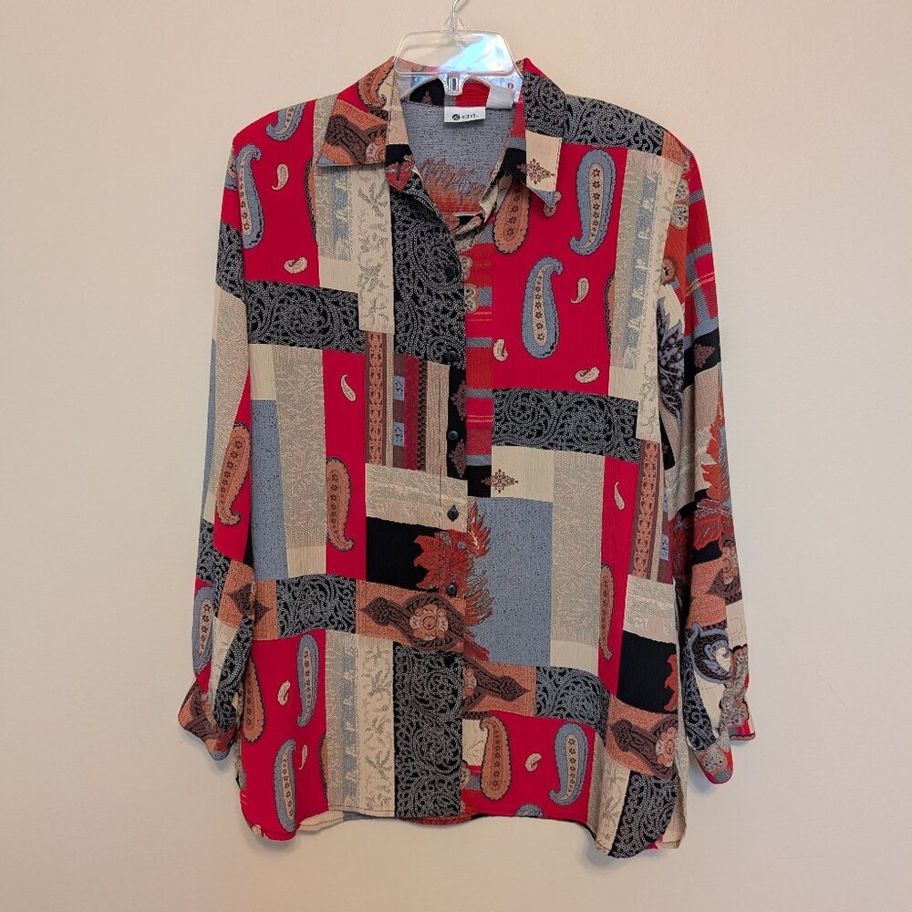 VINTAGE EHL 1980s blouse 12 red black gray beige paisley long sleeve EUC